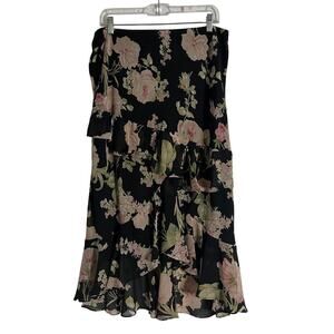 Chaps Woman’s Retro Black Pink Floral Ruffle High Low Midi Skirt- Size 10